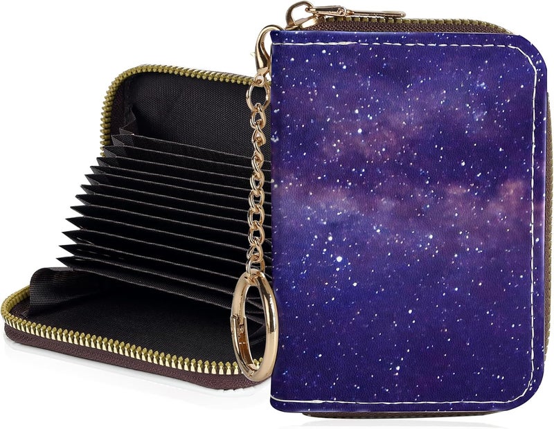 Luoycxy Credit Card Holder for Women,Small Rfid Wallet with Keychain Zipper,Cute PU Leather Card Case Wallet，Accordion Credit Card Wallets Gift,Purple Starry Sky - Image 1